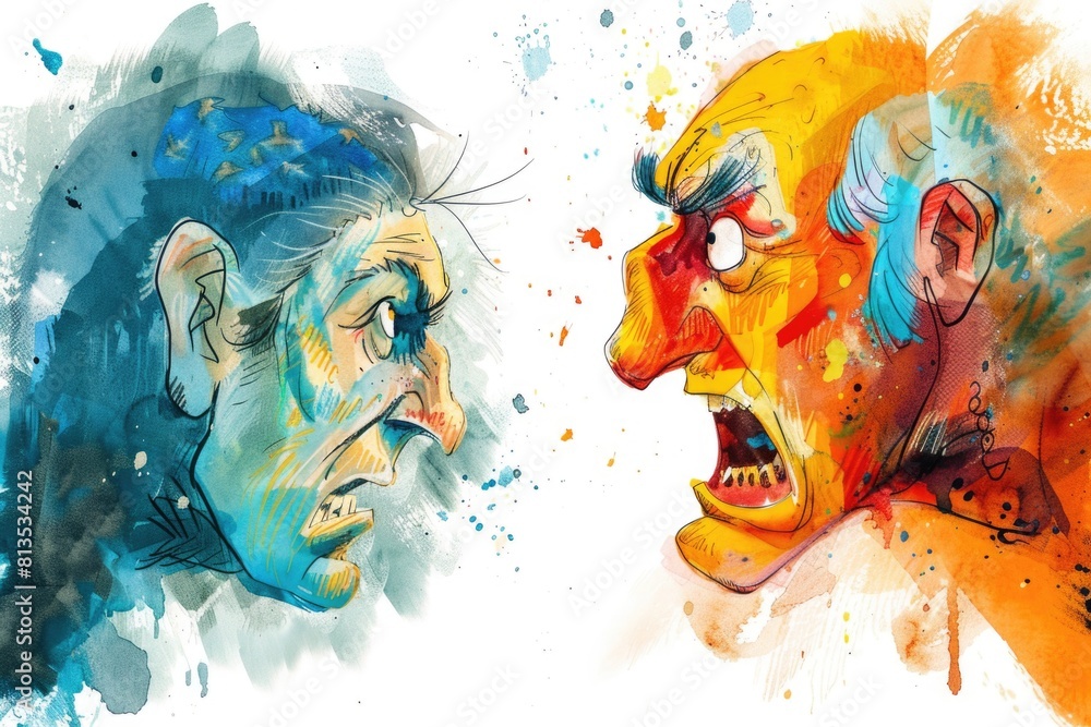Poster a painting of a man and a woman in a face to face interaction. suitable for relationship themes