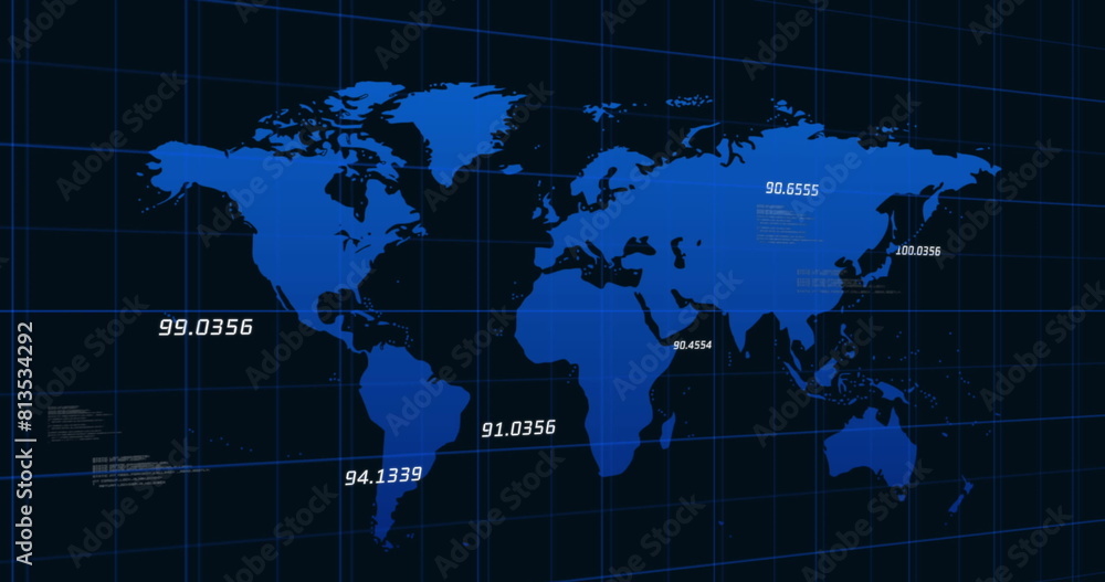 Poster image of database, numbers floating over map with grid pattern against black background
