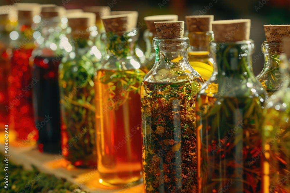 Poster Various colored liquids in bottles, suitable for science or laboratory concepts