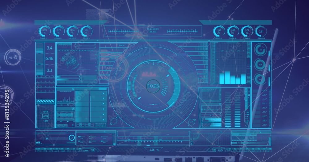 Poster image of profile icon in circles connected with lines over hud interface against blue background