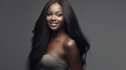 Fototapeta premium Beautiful, sexy, happy smiling dark-skinned African American woman with perfect skin and long hair, on a gray background, banner.