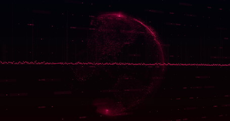 Image of pink soundwave, numbers and globe against black background