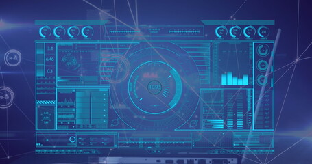 Image of profile icon in circles connected with lines over hud interface against blue background