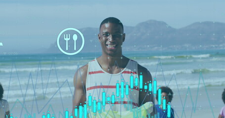 Image of data processing over african american family cleaning beach