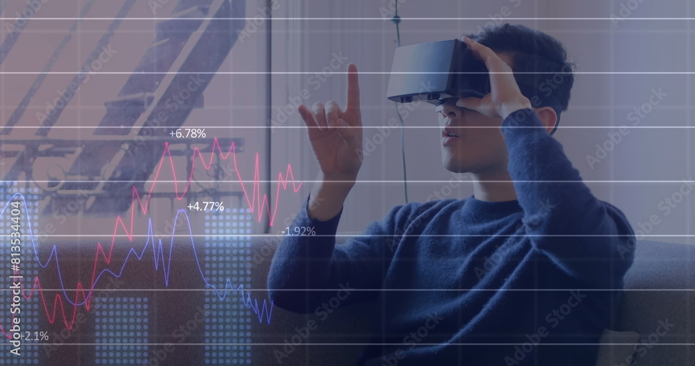 Aufkleber image of data processing over caucasian man with vr headset