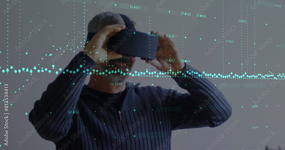 Aufkleber image of data processing over caucasian man with vr headset