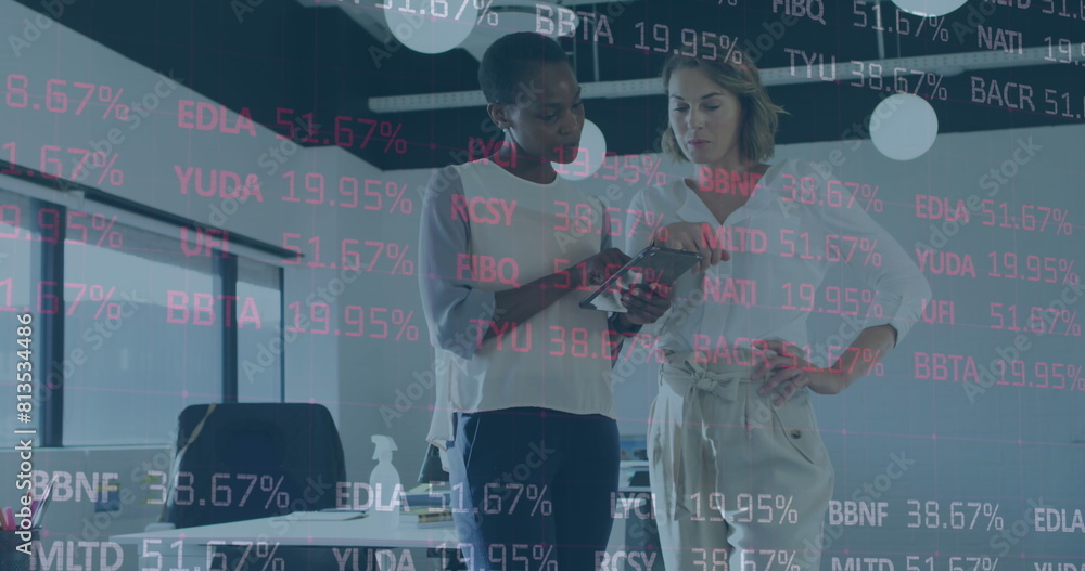 Poster image of digital interface and data processing over businessman and shape and and and financial data