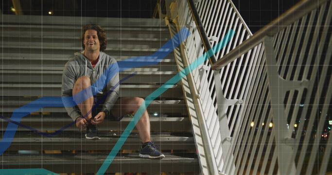 Image of data processing over caucasian man doing up shoe laces during running