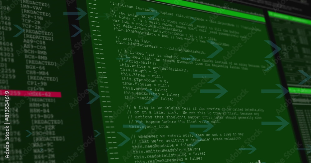 Poster image of multiple arrow icons moving side wards over data processing against black background