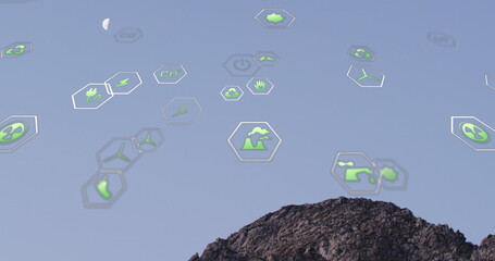 Image of sustainability and ecology icons over landscape