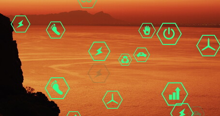 Image of sustainability and ecology icons over landscape