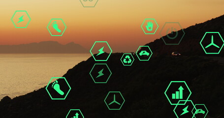 Image of sustainability and ecology icons over landscape