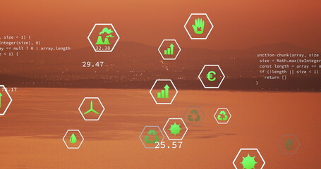 Image of sustainability and ecology icons over landscape