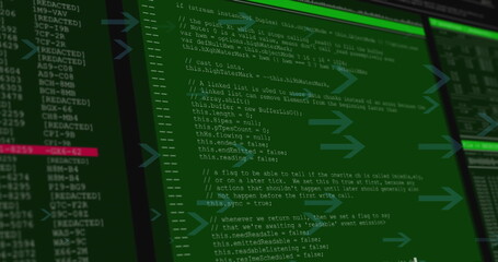 Image of multiple arrow icons moving side wards over data processing against black background
