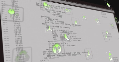 Image of multiple digital icons over data processing on computer screen