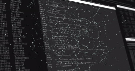 Image of network of connections over data processing against black background