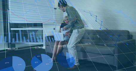 Image of financial data processing over diverse business people