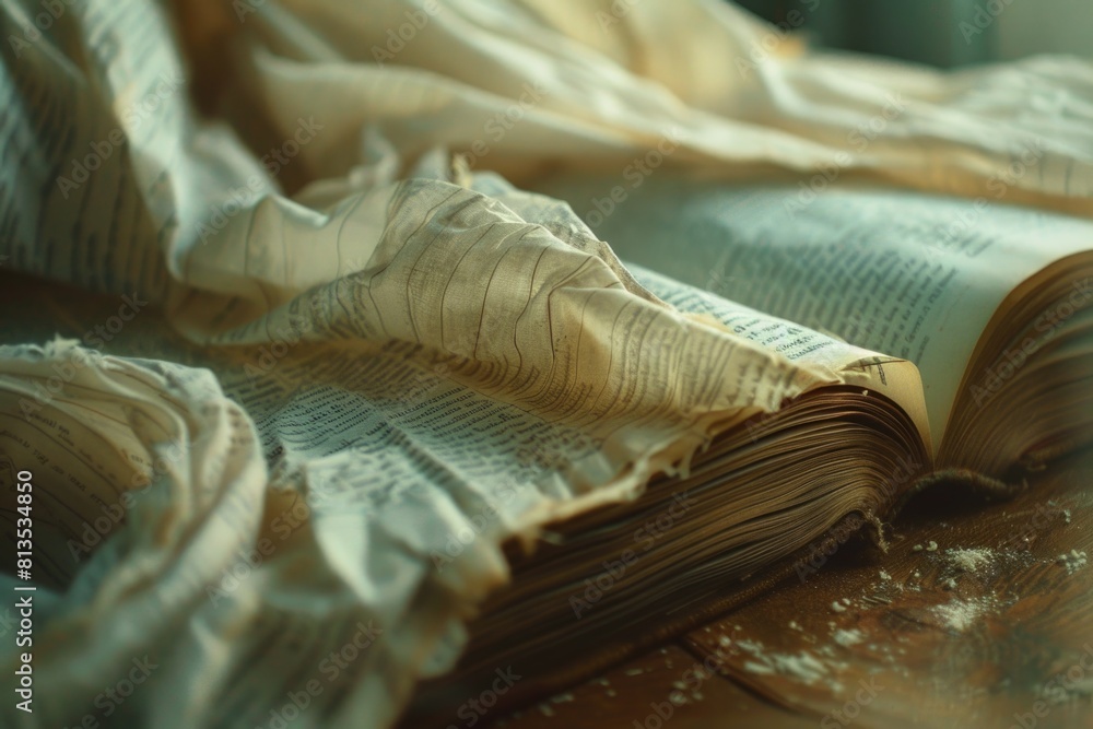 Poster an open book on a wooden table. suitable for educational or reading-related designs