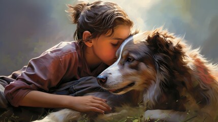 Loyal canine companion photo realistic illustration - Generative AI. Girl, dog, nature, grass, sunbeams.