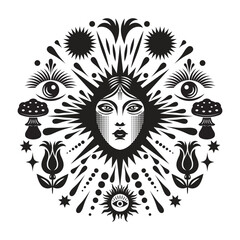 Black and white vertical illustration on the theme of mystic and esoteric. Woman face and decorative elements in round