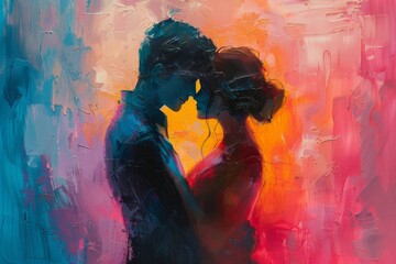 Vibrant Abstract Painting of a Couple's Intimate Moment Captured in Rich Textural Blues and Reds

