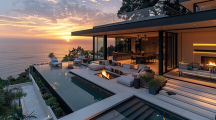 Naklejka premium Modern luxury mansion with outdoor fireplace overlooking the ocean at sunset, large open living room with white sofa and glass walls looking out to the infinity pool. Generative AI.