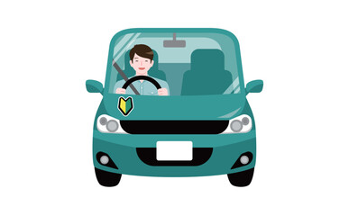 Obraz premium 1人で初心者マークをつけて車を運転する男性ドライバーのイラスト_自動車・安全運転