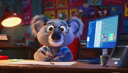 Animated koala character in classroom setting, engaging with educational content, learning concept
