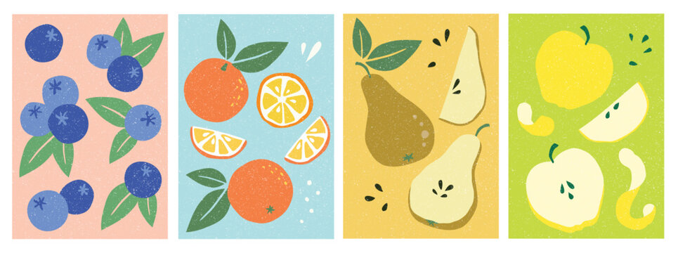 Fruit illustrations: blueberries, oranges, pears, apples
