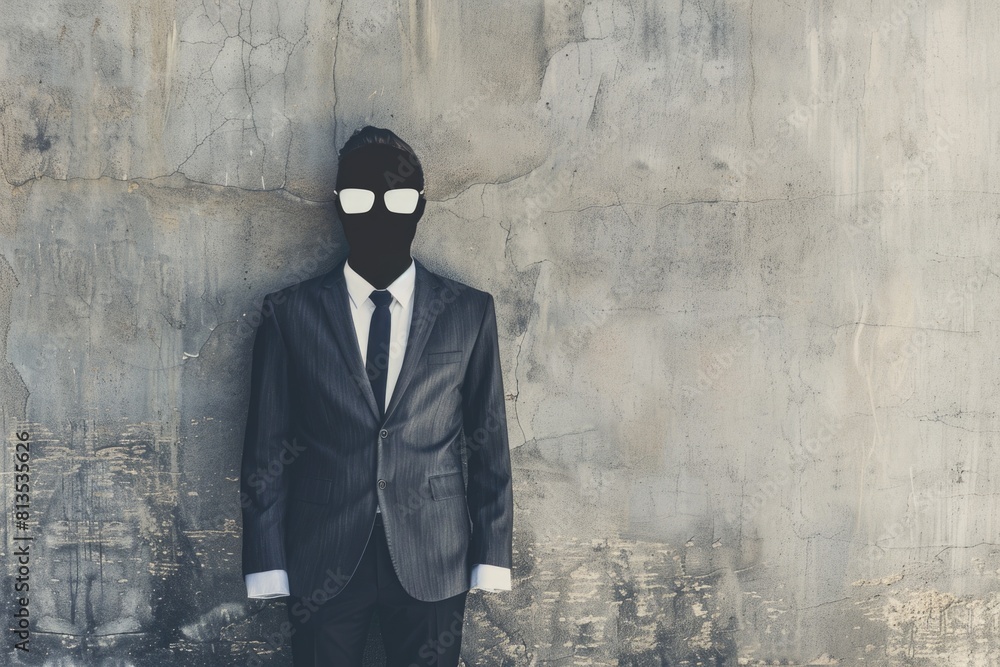 Poster a professional man in a suit and tie standing in front of a wall. suitable for business and office c