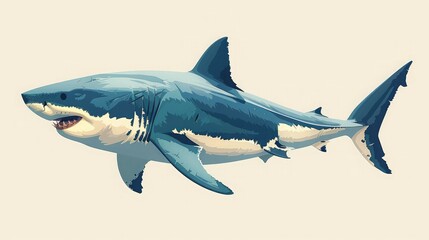 Naklejka premium A great white shark with its mouth open, showing its sharp teeth. The shark is swimming in a blue ocean.