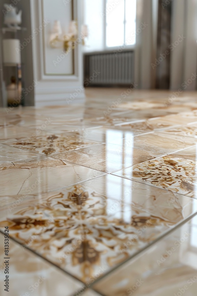 Poster a close-up of a tile floor with a flower design. suitable for interior design concepts