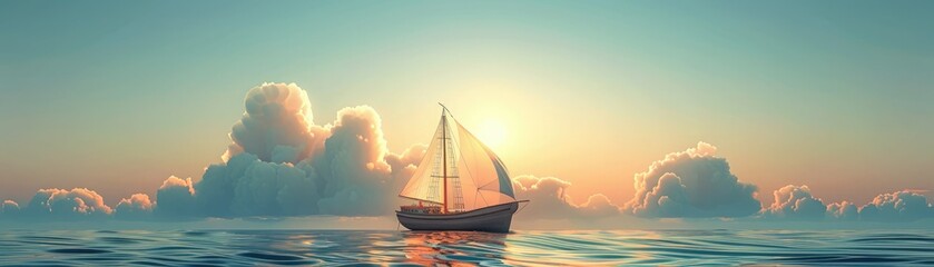 A beautiful seascape with a sailboat in the foreground and a setting sun in the background