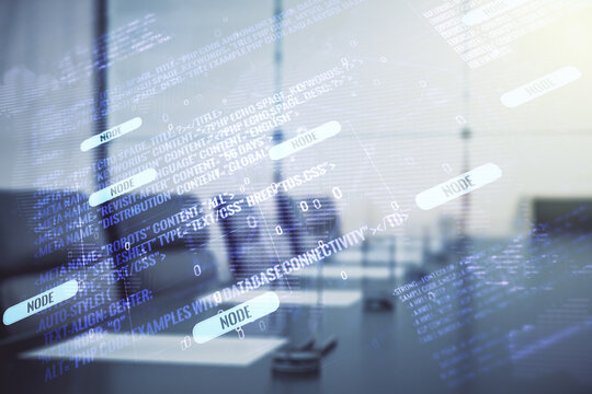 Abstract virtual coding illustration and world map on a modern coworking room background, international software development concept. Multiexposure