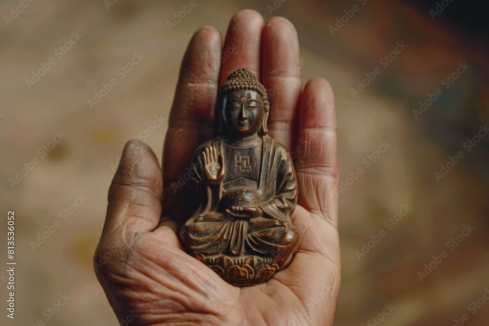 Poster A person holding a small statue. Ideal for various concepts