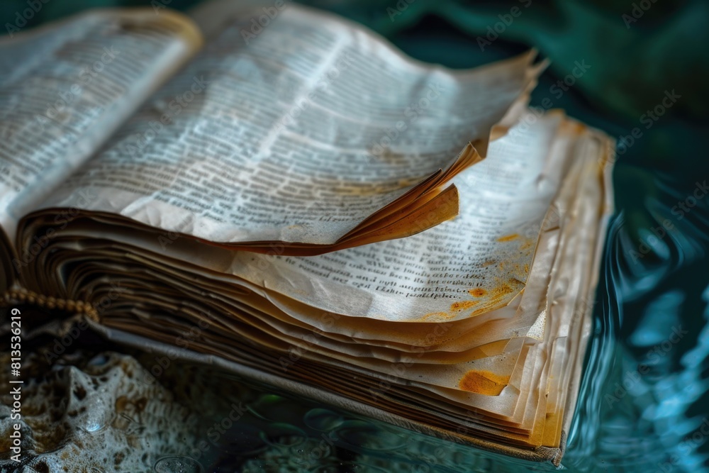 Poster an open book sitting on top of a glass plate. ideal for educational concepts
