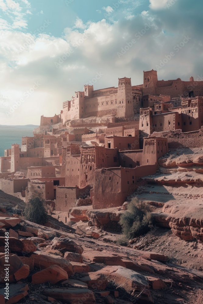 Poster a large brown building perched on a rocky hillside. suitable for architectural and travel concepts
