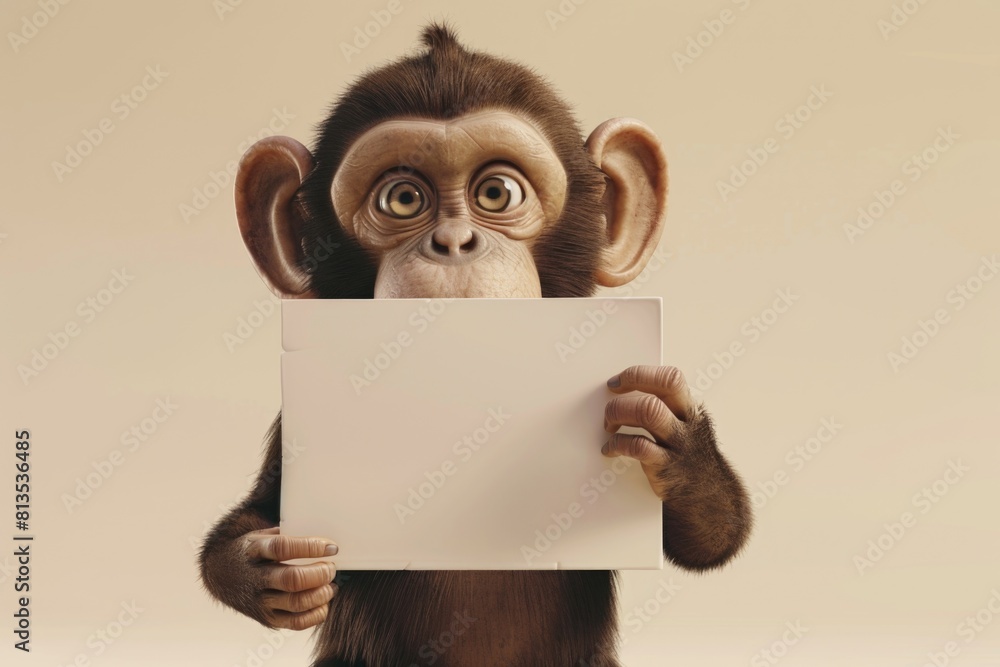 Poster a monkey holding a blank sign, perfect for adding your own message. ideal for advertising or promoti