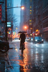 A person riding a bike in the rain with an umbrella. Suitable for weather or transportation concepts