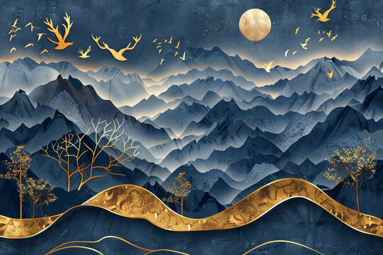 3d modern art mural wallpaper with dark blue and golden wave background mountains, golden deer and birds gold on a dark blue backdrop background