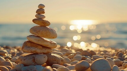 Stones balance on beach.