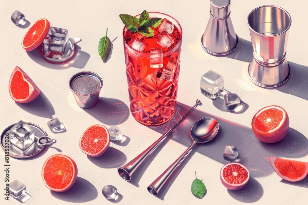 Poster a glass filled with a drink next to a bunch of oranges. suitable for food and beverage concepts
