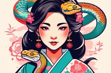 2025, Chinese new year, snake, mythology, new year, tattoo, illustration, animal, postcard, green snake, wooden snake, girl, japan, japanese drawing, japanese painting