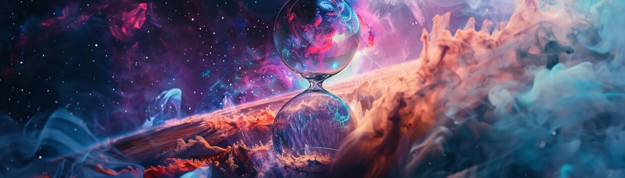 Abstract hourglass clock, sculpted from ethereal smoke particles Floating in a space nebula, showcasing the transience of time Surrealistic concept art, silhouette lighting, chromatic aberration