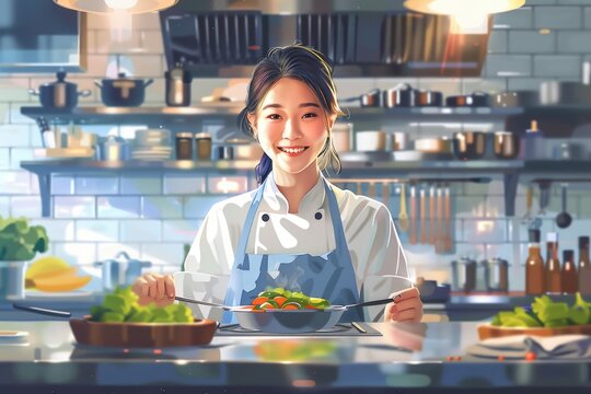 A woman holding a plate of food in a kitchen, perfect for food and cooking related projects