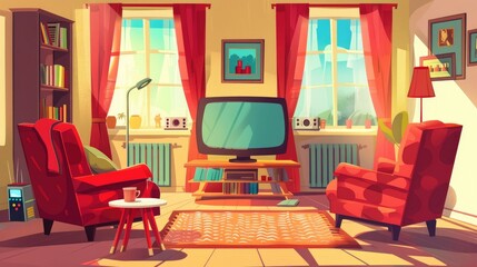 Obraz premium Morning living room with TV in modern home Vector cartoon illustration of home interior decoration.