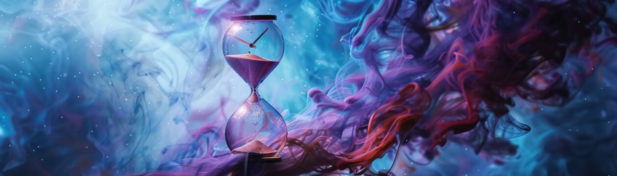 Abstract hourglass clock, sculpted from ethereal smoke particles Floating in a space nebula, showcasing the transience of time Surrealistic concept art, silhouette lighting, chromatic aberration