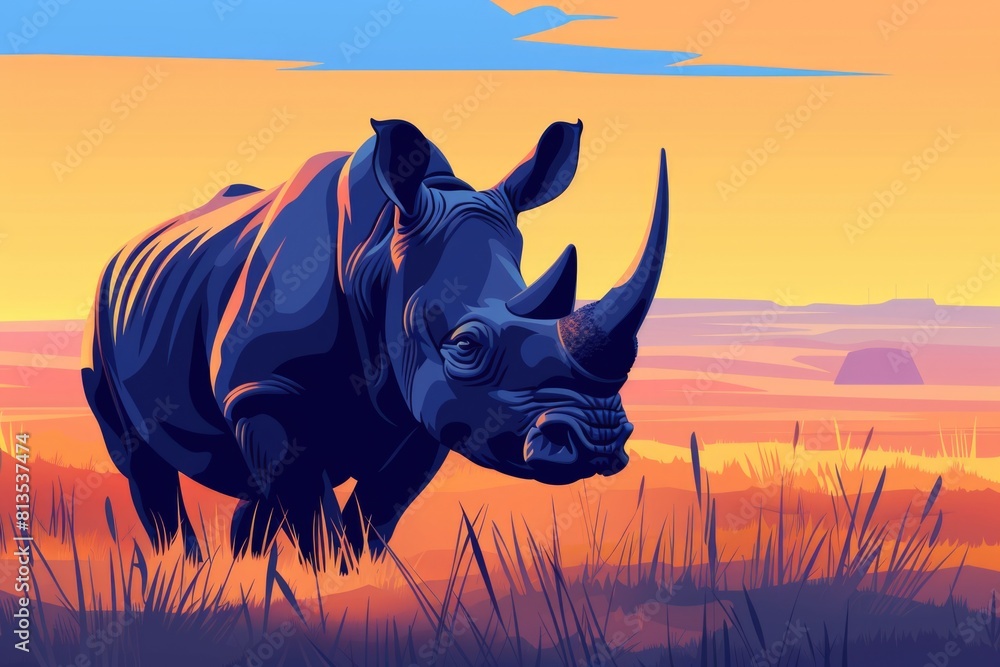 Poster a powerful rhino standing on a grass covered field. suitable for wildlife and nature concepts