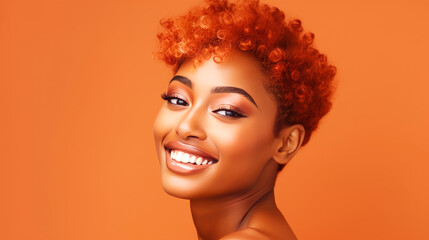 Beautiful, sexy, happy smiling dark-skinned African American woman with perfect skin and red hair, on an orange background, banner.