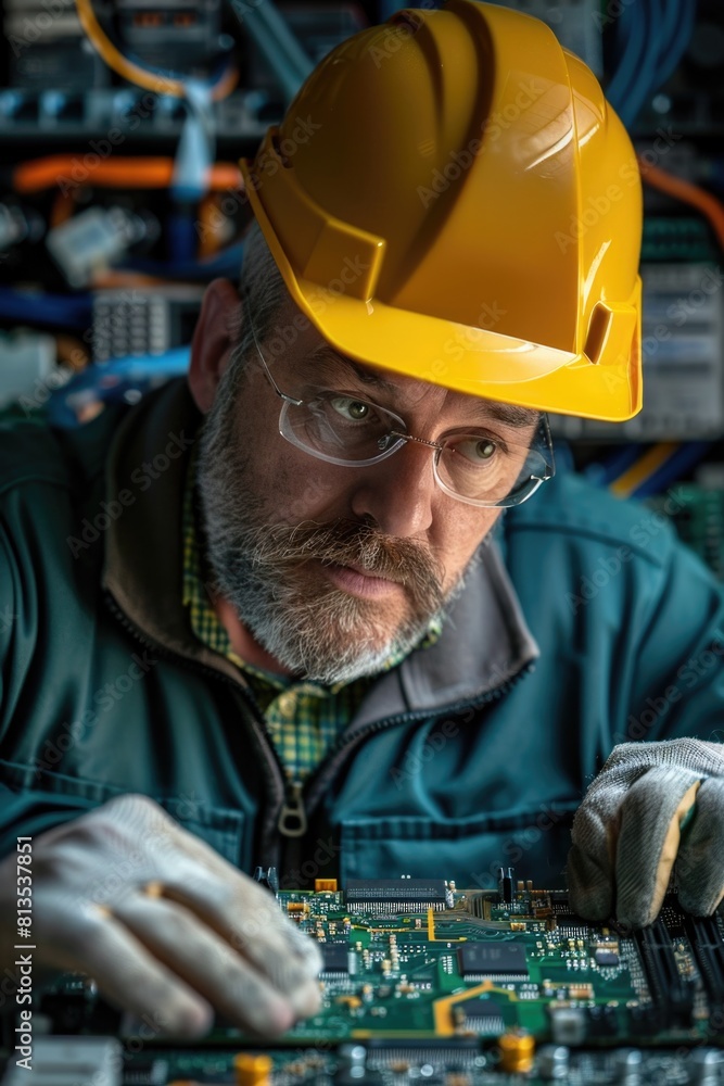 Aufkleber A man in a hard hat working on a circuit board. Suitable for technology and engineering concepts